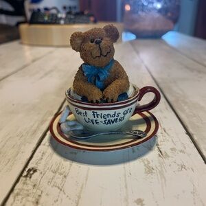 Bear in Teacup Figurine - Brown Bear with Blue Bow F.F.Teabearie